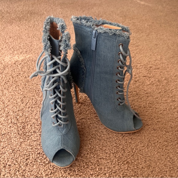 Women's Frayed Denim Peep Toe Stiletto Booties  Lace Up Size 6 - Picture 11 of 14